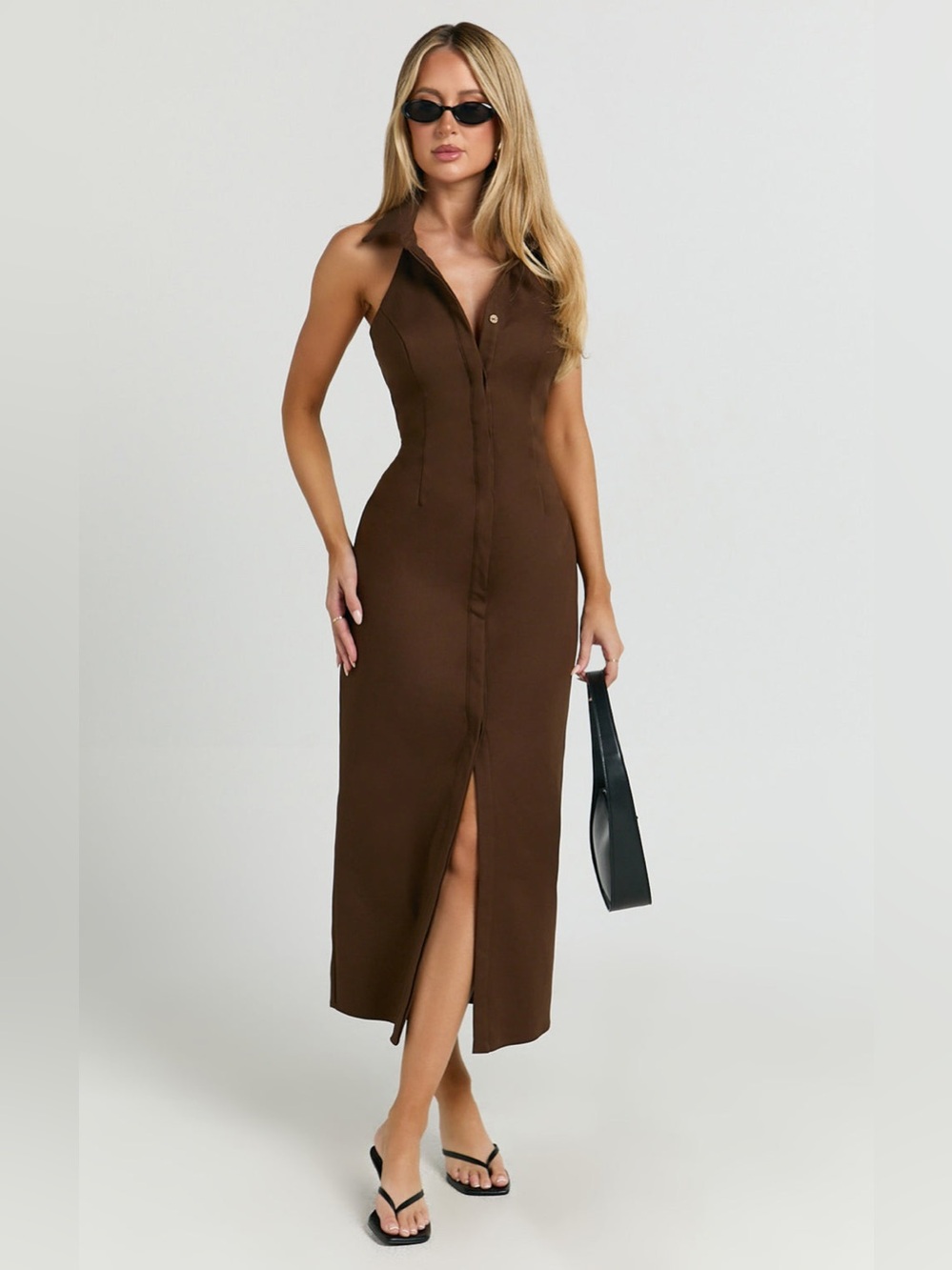 SHOWPO Lillibelle Collared Button Down Bodycon Midi Dress In Chocolate - Picture 2 of 7
